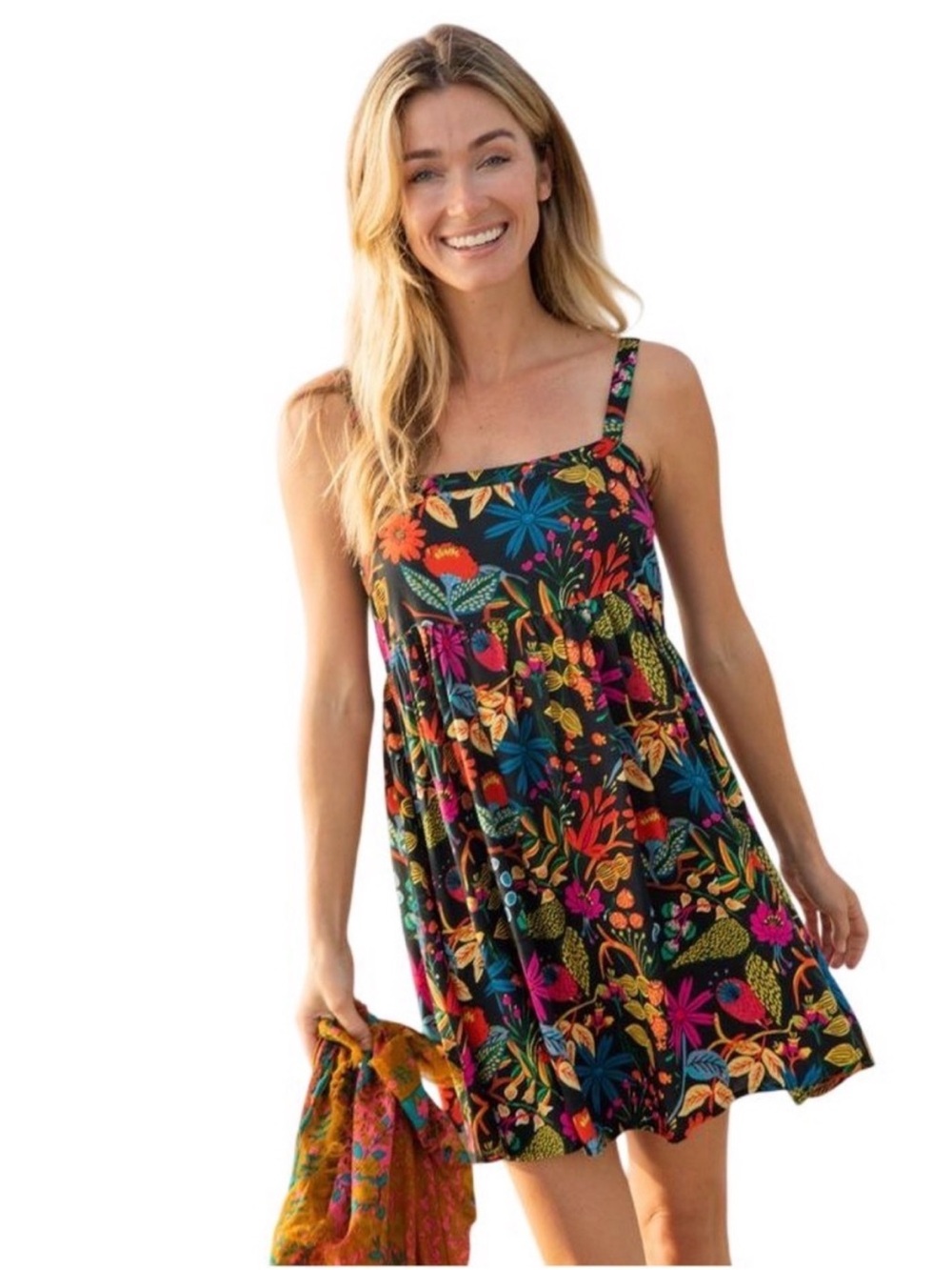 Natural Life Patti Mini Dress M Black Colorful Floral Babydoll Boho Rayon - Picture 2 of 6